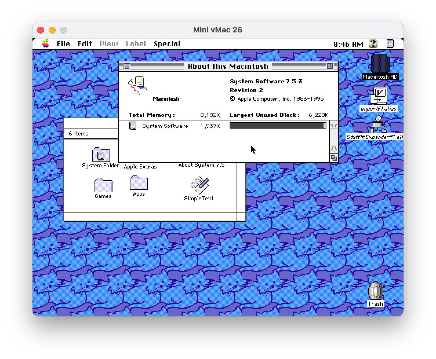 System 7.5 desktop, running in Mini vMac 26.