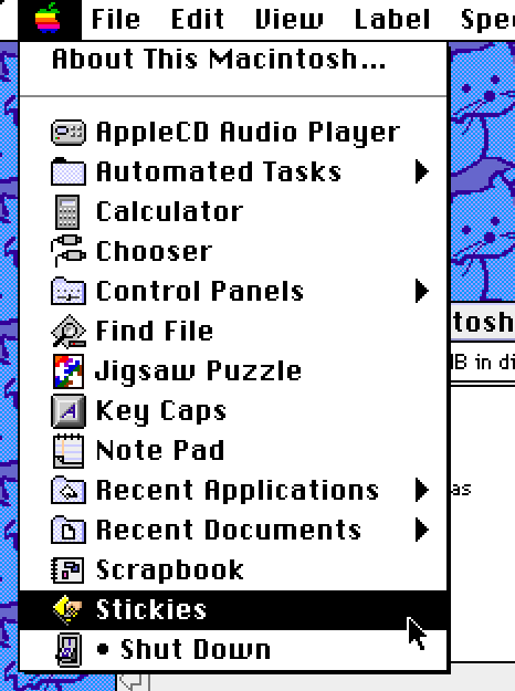 System 7.5 Apple menu, with Stickies highlighted.