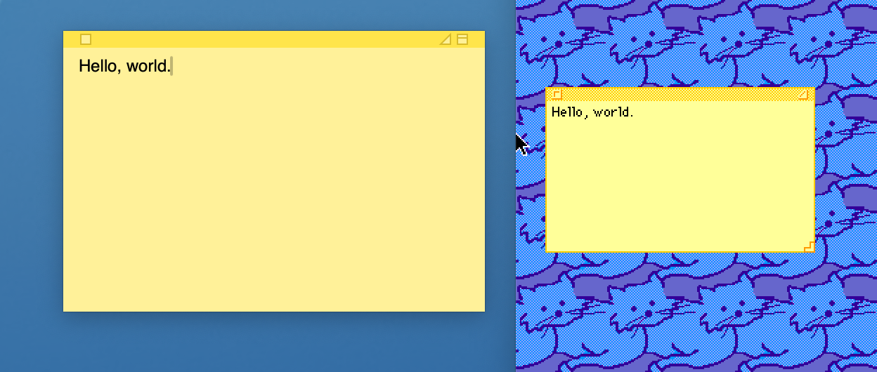 A macOS Stickies.app note on the left, a Macintosh note on the right.