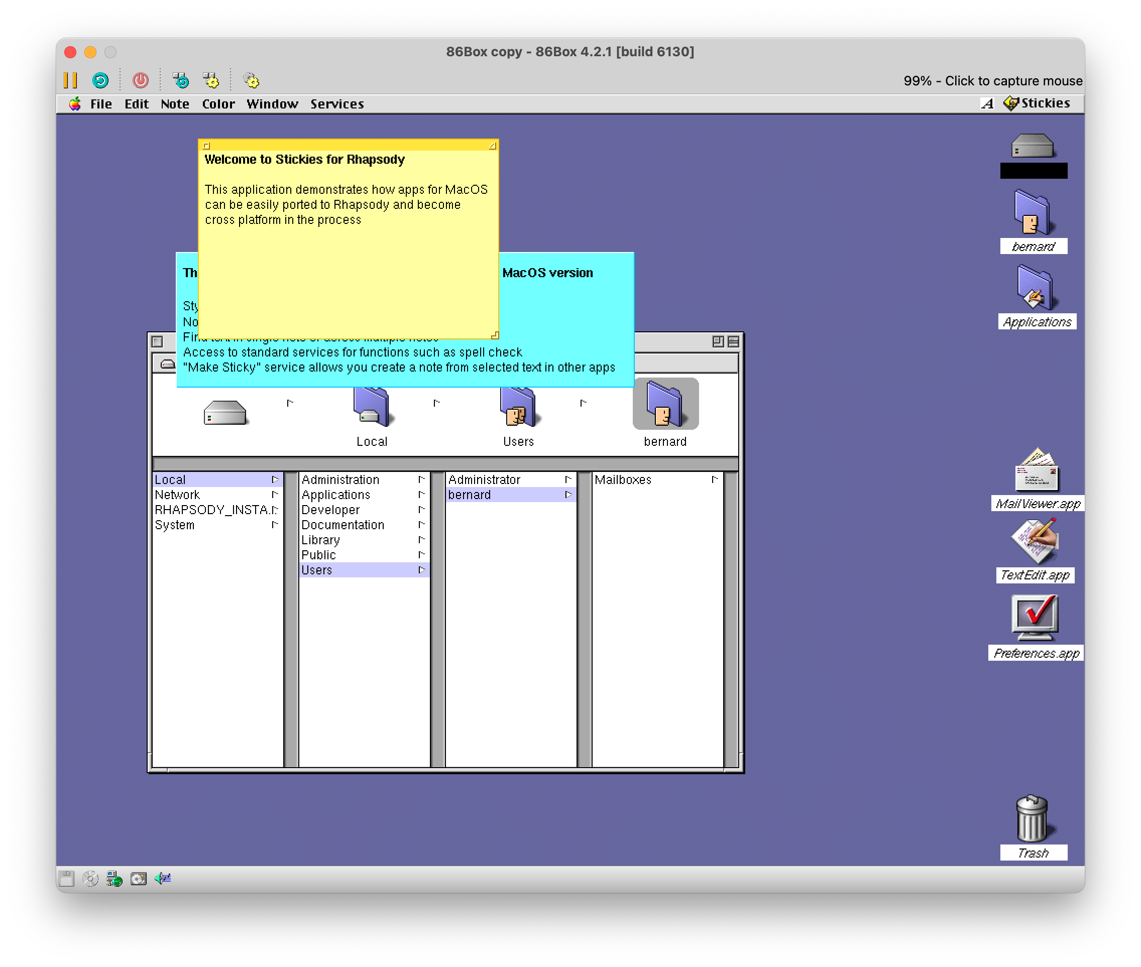 Rhapsody DR2, in 86box, showing Stickies.